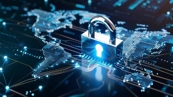 Abstract visualization of secure data servers and padlocks