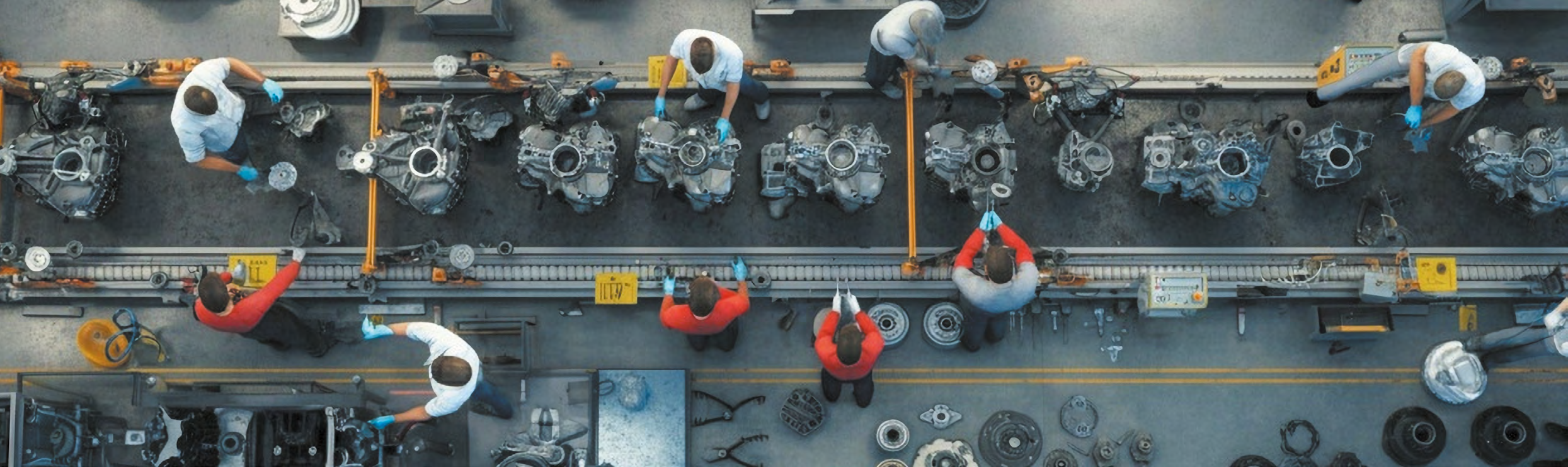 Overhead view of workers on a manufacturing assembly line